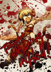 Rule 34 | angry, blonde hair, blood, blood splatter, boots, choker, detached sleeves, fantasy earth zero, floating, horns, long hair, maid headdress, miharu (cgsky), ponytail, scepter, solo, thighhighs