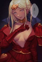 Rule 34 | 1girl, aged up, artist name, bad id, bad twitter id, blonde hair, blush, breasts, double bun, edelgard von hresvelg, fire emblem, fire emblem: three houses, hair bun, hair ornament, headpiece, looking at viewer, nintendo, open clothes, parted lips, purple eyes, solo, soramame (corndog), sweat, upper body