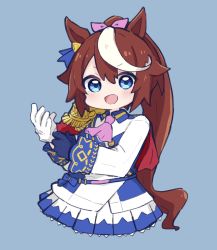 Rule 34 | 1girl, :d, animal ears, ascot, asymmetrical gloves, blue background, blue eyes, blue gloves, blush, brown hair, chibi, commentary, epaulettes, gloves, hair between eyes, hair ribbon, highres, horse ears, jacket, long hair, long sleeves, looking at viewer, mismatched gloves, multicolored hair, nozo (hitomiz), open mouth, pink ascot, pink ribbon, pleated skirt, ponytail, ribbon, simple background, single epaulette, skirt, smile, solo, streaked hair, tokai teio (umamusume), umamusume, very long hair, white gloves, white hair, white jacket, white skirt
