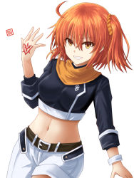Rule 34 | 1girl, ahoge, belt, black shirt, blouse, breasts, command spell, cowboy shot, crop top, fate/grand order, fate (series), fujimaru ritsuka (female), fujimaru ritsuka (female) (true ether chaldea uniform), grin, hand tattoo, hand up, haura akitoshi, long sleeves, looking at viewer, medium breasts, midriff, navel, official alternate costume, one side up, orange eyes, orange hair, shirt, short hair, short shorts, shorts, simple background, smile, solo, stomach, tattoo, white background, white shorts, wrist cuffs