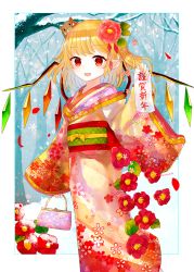 Rule 34 | 1girl, alternate costume, animal, animal on head, arm up, bag, bare tree, blonde hair, boar, camellia, crystal, day, fang, feet out of frame, flandre scarlet, floral print, flower, forest, hair ornament, handbag, happy new year, holding, holding bag, holding handbag, holding paper, japanese clothes, kimono, layered clothes, layered kimono, long sleeves, looking at viewer, nature, nengajou, new year, obi, on head, open mouth, outdoors, paper, pointy ears, print kimono, red eyes, sakizaki saki-p, sash, seigaiha, short hair, side ponytail, sleeves past wrists, snowing, solo, standing, touhou, translated, tree, twitter username, wide sleeves, wings