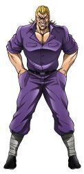 Rule 34 | 1boy, blonde hair, grappler baki, long hair, looking at viewer, lowres, male focus, pants, purple pants, purple shirt, shirt, simple background, smile, solo, white background