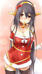 Rule 34 | 10s, 1girl, absurdres, alternate costume, arms behind back, bare legs, bell, black hair, black thighhighs, blush, bow, breasts, brown eyes, choker, cleavage cutout, clothing cutout, hairband, haruna (kancolle), highres, jingle bell, kantai collection, large breasts, long hair, looking at viewer, off shoulder, ribbon, sack, saku (kudrove), santa costume, solo, thighhighs, very long hair