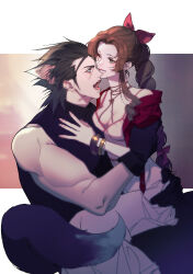 Rule 34 | 1boy, 1girl, absurdres, aerith gainsborough, animal ears, bangle, bare shoulders, black gloves, black hair, blue eyes, bracelet, breasts, brown hair, cleavage, commentary, couple, crisis core final fantasy vii, dress, final fantasy, final fantasy vii, final fantasy vii rebirth, final fantasy vii remake, gloves, green eyes, hair ribbon, highres, jacket, jewelry, long hair, looking at another, one eye closed, open clothes, open jacket, open mouth, parted bangs, parted lips, pink dress, pink ribbon, red jacket, ribbon, s sohwagi s, sidelocks, sitting, sitting on lap, sitting on person, sleeveless, sleeveless turtleneck, smile, spaghetti strap, sweater, tail, tongue, tongue out, turtleneck, turtleneck sweater, wolf ears, wolf tail, zack fair
