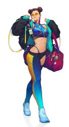Rule 34 | 1girl, artist request, capcom, chun-li, female focus, full body, glasses, highres, jacket, looking at viewer, muscular, muscular female, street fighter, white background
