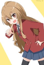 Rule 34 | 1girl, absurdres, aisaka taiga, bad id, bad pixiv id, black ribbon, black thighhighs, blazer, blue skirt, brown eyes, brown hair, buttons, commentary, cowboy shot, cynical (llcbluckg c004), double-breasted, hair between eyes, hand on own hip, highres, index finger raised, jacket, light blush, long hair, long sleeves, looking at viewer, neck ribbon, oohashi high school uniform, open mouth, pleated skirt, pointing, pointing at viewer, red jacket, ribbon, school uniform, simple background, skirt, solo, standing, thighhighs, toradora!, twitter username, two-tone background, v-shaped eyebrows, white background, yellow background, zettai ryouiki