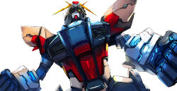 clenched_hands commentary_request crack damaged green_eyes gundam gundam_build_fighters highres kanipanda looking_at_viewer looking_down mecha mecha_focus mobile_suit no_humans one-eyed robot science_fiction simple_background solo star_build_strike_gundam upper_body v-fin white_background