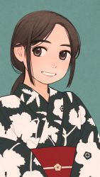 Rule 34 | 1girl, akai sashimi, brown eyes, brown hair, grin, highres, japanese clothes, kimono, matching hair/eyes, original, simple background, smile, solo, yukata