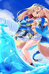 Rule 34 | 1girl, absurdres, blonde hair, blue eyes, blush, breasts, cape, dress, fukkatsu saisei kaijin, full body, gloves, highres, looking at viewer, open mouth, sheba (xenoblade), simple background, small breasts, smile, solo, tiara, twintails, white background, xenoblade chronicles (series), xenoblade chronicles 2