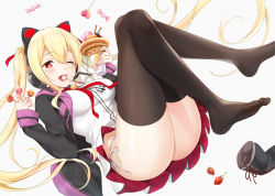 Rule 34 | 1girl, animal ear headphones, animal ears, ass, azuki yui, azur lane, black thighhighs, blonde hair, blush, breasts, cake, candy, cat ear headphones, cherry, concord (azur lane), crossed ankles, fake animal ears, fang, feet, feet up, food, fruit, hair between eyes, hair ribbon, headphones, hood, hood down, hooded jacket, jacket, long hair, long sleeves, medium breasts, mole, mole under eye, mouth hold, one eye closed, open clothes, open jacket, open mouth, panties, pleated skirt, pudding, reclining, red eyes, red ribbon, ribbon, shoes, unworn shoes, side-tie panties, sidelocks, skirt, solo, star-shaped pupils, star (symbol), symbol-shaped pupils, thighhighs, thighs, toes, twintails, twitter username, underwear, v, white panties, white skirt