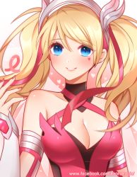 Rule 34 | 1girl, adapted costume, alternate hairstyle, awareness ribbon, blonde hair, blue eyes, breasts, cleavage, dress, elbow gloves, fingerless gloves, fingernails, gloves, gradient background, hair ribbon, halo, halterneck, heart, heart tattoo, highres, kaoruru (sakuno2911), long hair, looking at viewer, magical girl, mechanical halo, mechanical wings, medium breasts, mercy (overwatch), nail polish, official alternate costume, overwatch, overwatch 1, parted lips, pink background, pink dress, pink gloves, pink mercy, pink nails, pink ribbon, pink wings, ribbon, short twintails, sleeveless, sleeveless dress, smile, solo, tattoo, taut clothes, taut dress, twintails, upper body, watermark, web address, white background, wings
