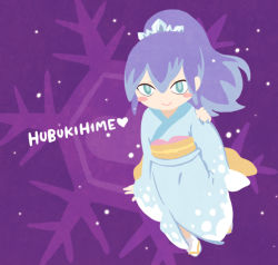 Rule 34 | 10s, 1girl, blue hair, blush stickers, character name, chuno, fubukihime, heart, high ponytail, japanese clothes, kimono, kunreishiki, long hair, looking at viewer, multicolored hair, purple background, purple hair, romaji text, sandals, smile, snowflakes, socks, solo, traditional youkai, two-tone hair, youkai watch