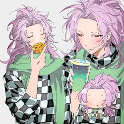 1boy blue_pants brown_footwear checkered_clothes checkered_shirt chinese_commentary closed_eyes closed_mouth commentary_request cup curtained_hair drink food green_scarf grey_background hatsutori_hajime highres holding holding_cup holding_drink holding_food long_hair long_sleeves male_focus multiple_views naokotoysk official_alternate_costume official_alternate_hairstyle pants parted_bangs pink_hair red_eyes saibou_shinkyoku scarf shirt simple_background smile u_u