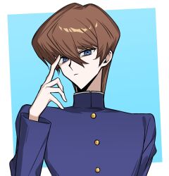 Rule 34 | 1boy, blue background, blue eyes, blue jacket, brown hair, commentary, domino high school uniform, hand on own face, hand on own forehead, hand up, highres, jacket, kaiba seto, kakera4205, long sleeves, looking at viewer, male focus, pointing, school uniform, serious, short hair, simple background, solo, symbol-only commentary, upper body, yu-gi-oh!, yu-gi-oh! duel monsters