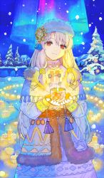 1girl aurora breasts buchi_(qooo003) candle dress fate/grand_order fate_(series) fingerless_gloves fur-trimmed_dress fur_hat fur_trim gloves hat long_hair long_sleeves looking_at_viewer night night_sky official_art pine_tree red_eyes sidelocks sitonai_(fate) sky small_breasts smile snow solo tree white_dress white_hair white_hat