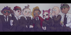 Rule 34 | 2girls, 6+boys, :q, adjusting eyewear, alien, alternate costume, asymmetrical bangs, bald, bernard (pikmin), black border, black eyes, black headband, black jacket, black necktie, black pants, black suit, black vest, blonde hair, blue eyes, blush stickers, border, buttons, clenched hands, closed mouth, coat, coattails, coke-bottle glasses, collared shirt, collin (pikmin), commentary request, cone hair bun, crossed legs, curled up, dark-skinned female, dark-skinned male, dark skin, dingo (pikmin), doctor, double bun, shepherd (pikmin), everyone, facial mark, formal, frown, glasses, green eyes, green hair, grey hair, hair bun, hair pulled back, half-closed eyes, hand on eyewear, hand on own chin, hand on own head, hands on lap, hands on own legs, head mirror, headband, holding vial, jacket, jacket on shoulders, lab coat, layered sleeves, lineup, long sleeves, looking at viewer, multiple boys, multiple girls, necktie, nintendo, no headwear, open mouth, pants, parted lips, pikmin (series), pikmin 4, pink hair, pocket, pointy ears, rescue officer (pikmin), purple hair, red hair, red jacket, red scarf, russ (pikmin), salute, scarf, shirt, short hair, sitting, smile, solid oval eyes, spiked hair, suit, sunglasses, teeth, thick eyebrows, tongue, tongue out, tsukimi (ypnecocm), vest, white background, white coat, white shirt, yonny (pikmin)