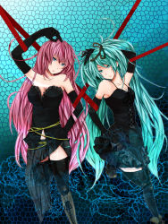 Rule 34 | 2girls, alternate costume, aqua background, aqua eyes, aqua hair, arm behind back, arm behind head, arm up, bad id, bad pixiv id, bare shoulders, black dress, black gloves, black legwear, blue background, blue eyes, boots, breasts, brown footwear, cleavage, closed mouth, collarbone, dress, elbow gloves, female focus, gloves, gradient background, hand on own hip, hara paix, hatsune miku, head tilt, hip focus, knee boots, long hair, looking at viewer, matching hair/eyes, medium breasts, megurine luka, messy hair, multiple girls, neck, pink hair, serious, shoes, small breasts, standing, standing on one leg, strapless, strapless dress, thighhighs, twintails, very long hair, vocaloid