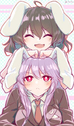Rule 34 | 2girls, absurdres, ahoge, alternate eye color, animal ears, artist name, blue background, breasts, brown hair, brown jacket, closed eyes, closed mouth, collared jacket, collared shirt, commentary request, crescent, crescent pin, dress, english text, grey shirt, hair between eyes, hands on another&#039;s head, hands up, highres, inaba tewi, jacket, kinese (katasutorohu), long hair, long sleeves, looking at another, looking down, medium breasts, multicolored background, multiple girls, necktie, open mouth, pink background, pink dress, pink eyes, pocket, puffy short sleeves, puffy sleeves, purple hair, rabbit ears, red necktie, reisen udongein inaba, shirt, short hair, short sleeves, sidelocks, sitting, smile, standing, touhou, v-shaped eyebrows, white background