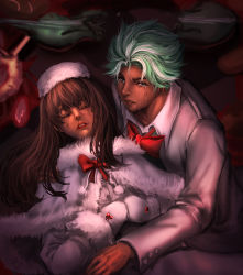 Rule 34 | 1boy, 1girl, absurdres, brown hair, cocoa cookie, cookie run, crying, dress, green eyes, green hair, hat, highres, humanization, injury, long hair, long sleeves, looking at viewer, lying, mint choco cookie, personification, realistic, short hair, tears, tls2234, unconscious, upper body, white dress