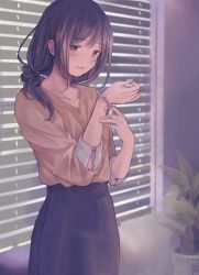 Rule 34 | 1girl, black hair, black skirt, window blinds, blouse, blush, brown eyes, collarbone, commentary request, flower pot, hair ornament, hair over shoulder, hair scrunchie, indoors, light smile, long hair, looking at viewer, low-tied long hair, mature female, naname (danbooru maker), original, parted lips, plant, potted plant, scrunchie, shirt, skirt, solo, standing, watch, window, wristwatch, yellow shirt