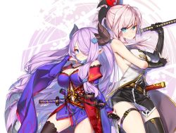 Rule 34 | 2girls, bare shoulders, blue eyes, breasts, cosplay, costume switch, detached sleeves, elbow gloves, fate/grand order, fate (series), gloves, granblue fantasy, hair ornament, hair over one eye, hong (white spider), horns, katana, light purple hair, long hair, miyamoto musashi (fate), miyamoto musashi (fate) (cosplay), miyamoto musashi (third ascension) (fate), multiple girls, narmaya (granblue fantasy), narumeia (granblue fantasy) (cosplay), navel, pink hair, ponytail, smile, sword, thigh strap, thighhighs, weapon
