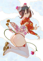 Rule 34 | 1girl, ass, back bow, bell, black hair, bow, bun cover, cloud, commentary, cropped shirt, double bun, english commentary, floral print, flower, from side, full body, gold trim, green eyes, hair bun, highres, horns, jingle bell, juliet sleeves, kneeling, long sleeves, looking at viewer, original, panties, parted lips, puffy sleeves, red panties, red shirt, red trim, sash, shirt, simple background, skin-covered horns, skindentation, solo, tail, tail flower, tail ornament, thighhighs, thong, timbougami, underwear, v, white background, white thighhighs, wrist cuffs