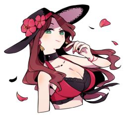 Rule 34 | 1girl, breasts, brown hair, choker, cleavage, closed mouth, dorothea arnault, earrings, fire emblem, fire emblem: three houses, fire emblem heroes, flower, green eyes, haconeri, hat, hat flower, jewelry, large breasts, long hair, nail polish, nintendo, petals, simple background, smile, solo, swimsuit, upper body, white background