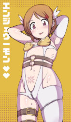 Rule 34 | 1girl, absurdres, angewomon, angewomon (cosplay), armpits, breasts, brown eyes, brown hair, cosplay, crotch zipper, digimon, digimon adventure, digimon adventure 02, gloves, groin, hair ornament, hairclip, highres, kurouma306, looking at viewer, navel, open mouth, pubic tattoo, short hair, small breasts, smile, solo, sweat, tattoo, yagami hikari, zipper