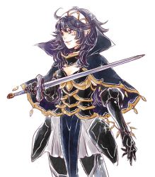 Rule 34 | 1girl, black hair, breasts, cape, cleavage, cleavage cutout, clothing cutout, fire emblem, fire emblem fates, holding, holding weapon, insarability, long hair, looking at viewer, nintendo, skirt, small breasts, smile, soleil (fire emblem), solo, sword, tattoo, weapon, white background