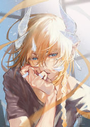 Rule 34 | 1boy, absurdres, bishounen, blonde hair, bloom, blue eyes, braid, braided ponytail, covering own mouth, hair between eyes, hand over own mouth, haru (yckd5728), highres, horns, long hair, looking away, male focus, oni, oni horns, original, parted lips, pointy ears, short sleeves, sidelighting, simple background, solo, upper body