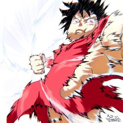 Rule 34 | 1boy, attack, black hair, emphasis lines, highres, looking at viewer, monkey d. luffy, motion lines, one piece, punching, red shirt, scar, scar on face, serious, shirt, short hair, simple background, tacchan56110