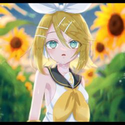 Rule 34 | 1girl, aqua eyes, armpits, bare shoulders, black sailor collar, blonde hair, blurry, blurry background, bow, breasts, depth of field, detached sleeves, field, flower, flower field, hair between eyes, hair bow, hair ornament, hairclip, headphones, headset, highres, kagamine rin, light blush, looking at viewer, looking up, medium hair, neckerchief, nnc225, open mouth, pale skin, sailor collar, sailor shirt, shirt, sideboob, skinny, sleeveless, sleeveless shirt, small breasts, solo, sunflower, sunflower field, swept bangs, treble clef, vocaloid, wet, wet clothes, wet hair, white bow, yellow neckerchief