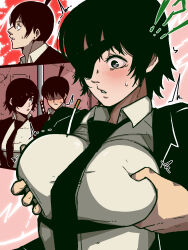 Rule 34 | !?, 1boy, 1girl, black hair, black jacket, blush, grabbing another&#039;s breast, breasts, chainsaw man, cigarette, collared shirt, commentary, english commentary, eyepatch, grabbing, grabbing from behind, groping, hayakawa aki, highres, himeno (chainsaw man), jacket, large breasts, mark gavatino, mind control, misunderstanding, necktie, shirt, short hair, surprised, sword, textless version, weapon, weapon on back, white shirt, wing collar
