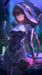 Rule 34 | 1girl, absurdres, black bodysuit, black gloves, blush, bodysuit, breasts, brown eyes, brown hair, covered navel, cowboy shot, cup, gloves, hair between eyes, highres, holding, holding cup, hood, hood up, jewelry, looking at viewer, lyra (tower of fantasy), medium breasts, necklace, pouch, solo, thigh pouch, thighs, tower of fantasy, zutsuyaku