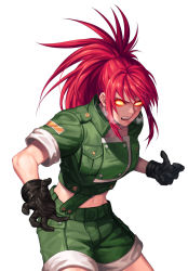 Rule 34 | 1girl, black gloves, crazy eyes, dark persona, earrings, evilgun, gloves, green jacket, green shorts, high ponytail, highres, jacket, jewelry, leona heidern, looking at viewer, midriff, military, military uniform, open mouth, orochi leona, ponytail, red hair, shorts, snk, soldier, solo, the king of fighters, triangle earrings, uniform, white background, yellow eyes