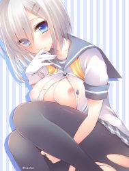 Rule 34 | 10s, 1girl, blue eyes, blush, breast press, breasts, covered erect nipples, gloves, hair ornament, hairclip, hamakaze (kancolle), kantai collection, large breasts, nipples, open clothes, pantyhose, pocopoco, short hair, silver hair, single glove, solo, striped, striped background, torn clothes, torn pantyhose, vertical stripes, white gloves