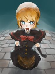 Rule 34 | 1girl, apron, black capelet, black gloves, black shirt, black skirt, blonde hair, blue eyes, blush, bow, bowtie, brick floor, brown apron, capelet, cookie (touhou), elbow gloves, full body, gloves, highres, johnnyyyyy, kirisame marisa, looking at viewer, meguru (cookie), no headwear, open mouth, red bow, red bowtie, shirt, short hair, skirt, solo, standing, touhou, waist apron