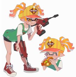 1girl :q ^_^ bent_over bike_shorts closed_eyes commentary_request cross-laced_footwear d_msy8 dual_wielding dualie_squelchers_(splatoon) eating fang food gun highres holding holding_food holding_gun holding_weapon inkling inkling_girl inkling_player_character multiple_views nintendo orange_eyes orange_hair pointy_ears red_footwear seanwich_(splatoon) shoes short_hair simple_background skin_fang splatoon_(series) splatoon_3 tentacle_hair tongue tongue_out twintails visor_cap weapon white_background