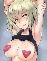 Rule 34 | 1girl, armpits, arms behind head, arms up, blonde hair, blush, breasts, clothes lift, fate/grand order, fate (series), female focus, grin, jeanne d&#039;arc (fate), jeanne d&#039;arc alter (avenger) (fate), jeanne d&#039;arc alter (fate), kurowa, large breasts, pasties, ruler (fate/grand order), shirt lift, short hair, smile, solo, sweat, tank top, upper body, yellow eyes