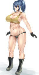 Rule 34 | 1girl, abs, absurdres, bare shoulders, blue eyes, blue hair, boots, breasts, cleavage, combat boots, earrings, female focus, full body, gloves, highres, jewelry, koucha indian, large breasts, legs, leona heidern, looking at viewer, midriff, muscular, navel, no pants, ponytail, simple background, sleeveless, snk, solo, the king of fighters, the king of fighters xiv, the king of fighters xv, underwear