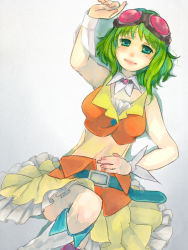 Rule 34 | 1girl, goggles, goggles on head, green eyes, green hair, gumi, lying, matching hair/eyes, midriff, on back, short hair, simple background, skirt, smile, solo, toko m, vocaloid, wrist cuffs