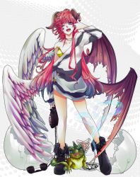 Rule 34 | 1girl, angel wings, bad id, bad pixiv id, blue eyes, demon wings, domco, egg, female focus, full body, gradient hair, highres, horns, long hair, megurine luka, multicolored hair, multiple wings, nail polish, pink hair, shoes, solo, tongue, two-tone hair, very long hair, vocaloid, white background, wings