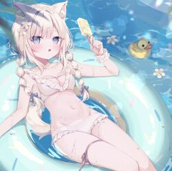 Rule 34 | 1girl, animal ear fluff, animal ears, bikini, blonde hair, blue eyes, blush, bow, braid, breasts, cat ears, cat girl, cat tail, chamomile, flower, food, frilled bikini, frills, grey bow, hair bow, hair flower, hair ornament, highres, holding, holding food, holding ice cream, hoshi (snacherubi), ice cream, leg ribbon, looking at viewer, lying, medium breasts, navel, on back, open mouth, original, pool, ribbon, rubber duck, stomach, swim ring, swimsuit, tail, twin braids, water, wet, white bikini, white flower