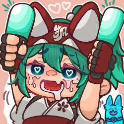 Rule 34 | 1girl, absurdres, animal ears, blush, fox, green hair, heart, heart-shaped pupils, highres, kawaguti kappa, kiriko (overwatch), overwatch, overwatch 2, short hair, simple background, symbol-shaped pupils