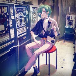 Rule 34 | 1other, absurdres, androgynous, ankle boots, bag, belt, black choker, black footwear, black jacket, boots, bracelet, choker, diamond earrings, ear piercing, earrings, glasses, green hair, grey pants, hair over one eye, hand on own thigh, highres, hinatsu, indoors, jacket, jewelry, looking at viewer, nijisanji, o-ring, o-ring belt, open clothes, open jacket, orange belt, other focus, pants, piercing, pink eyes, purple nails, ryuushen, second-party source, shirt, short hair, short sleeves, shoulder bag, sitting, slot machine, smile, solo, stool, stud earrings, v, virtual youtuber, white shirt