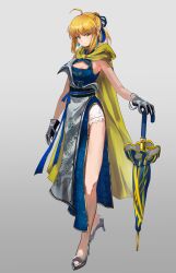 Rule 34 | 1girl, absurdres, ahoge, artoria pendragon (all), artoria pendragon (fate), blonde hair, bracelet, breasts, cleavage, earrings, fate/stay night, fate (series), full body, gloves, green eyes, grey background, high heels, highres, holding, holding umbrella, jewelry, looking at viewer, medium breasts, ponytail, saber (fate), shibao aoyama, simple background, smile, solo, standing, umbrella