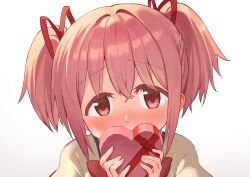 Rule 34 | 1girl, blush, bow, bowtie, cocoa (ultra mdk), commentary, covering own mouth, facing viewer, gift, hair ribbon, highres, holding, holding gift, juliet sleeves, kaname madoka, long sleeves, mahou shoujo madoka magica, mahou shoujo madoka magica (anime), mitakihara school uniform, nose blush, pink hair, portrait, puffy sleeves, red bow, red bowtie, red eyes, red ribbon, ribbon, school uniform, short hair, short twintails, simple background, solo, twintails, valentine, white background