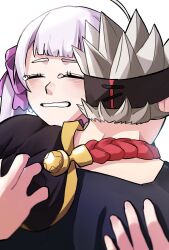 Rule 34 | 1boy, 1girl, asta (black clover), black clover, closed eyes, grabbing back, hair ribbon, hand around back, headband, highres, hug, muscular, muscular male, noelle silva, open mouth, ribbon, tearing up, tears, twintails
