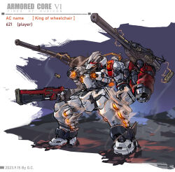 Rule 34 | absurdres, armored core, armored core 6, ejected casing, electricity, exhaust, gun, heat sink, highres, lance, mecha, mecha focus, no humans, polearm, robot, shotgun, shoulder cannon, smoke, weapon