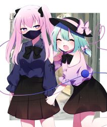 Rule 34 | 2girls, :d, absurdres, alternate costume, alternate hairstyle, black bow, black bowtie, black skirt, bow, bowtie, casual, clothing cutout, green hair, hat, hat bow, hata no kokoro, heart, heart of string, highres, komeiji koishi, long hair, mask, multiple girls, open mouth, pink eyes, pink hair, pleated skirt, short hair, shoulder cutout, skirt, smile, third eye, touhou, twintails, you (noanoamoemoe)